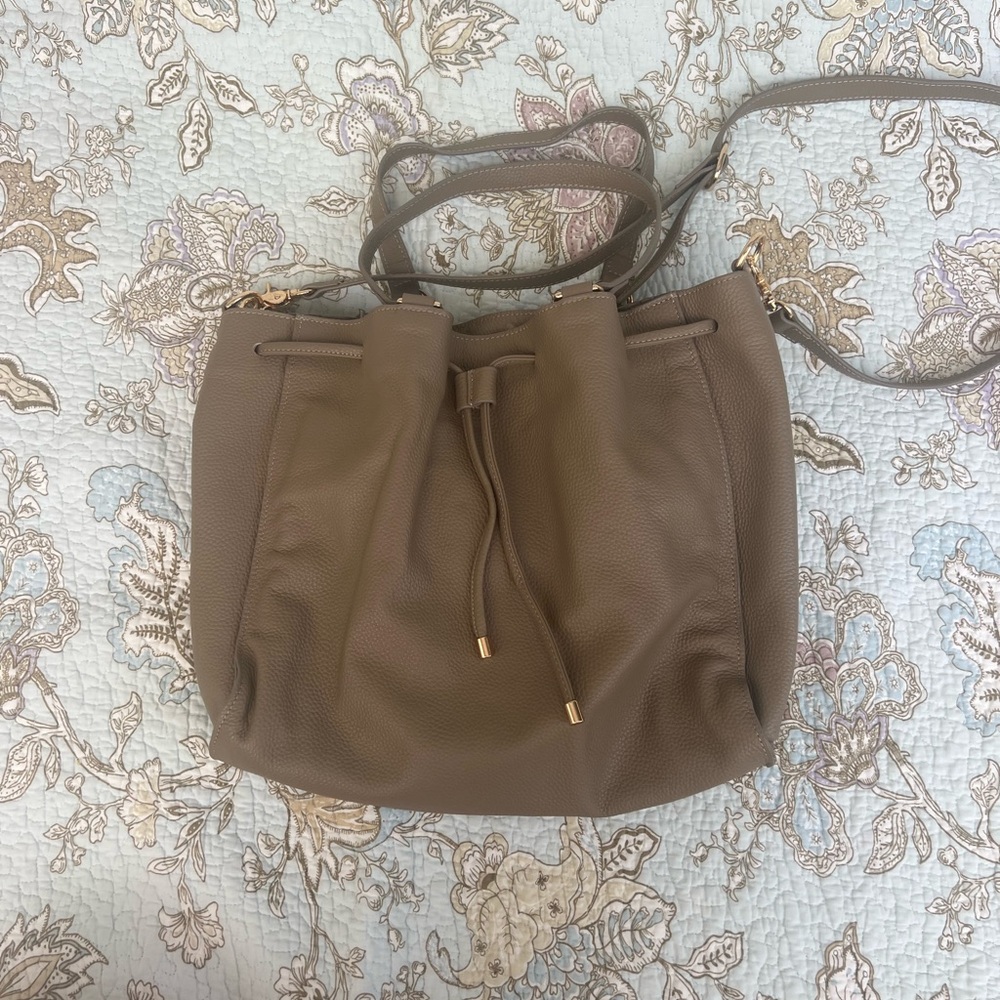 LAGGO: Brown Leather Shoulder Bag with Drawstring Closure